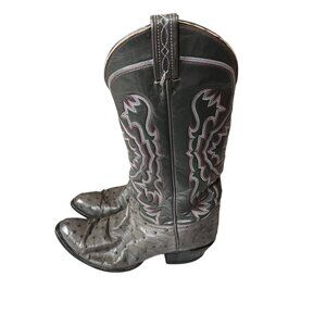 Tony Lama Black Cowboy Boots Women's Size 9.5 Gray Ostrich Leather Western Style